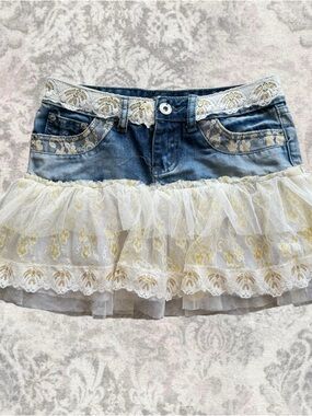 Denim Lace Gold Embellished Cottagecore Y2K Fairy Women’s Tiered Mini Skirt